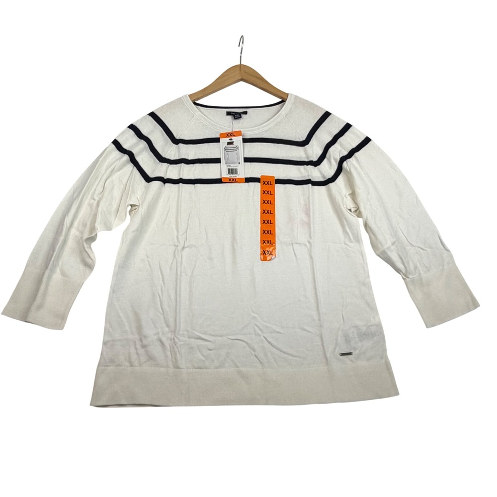 Nautica Womens XXL Cotton Striped Crew Neck 3/4 Sleeve Sweater Cream Navy Blue
